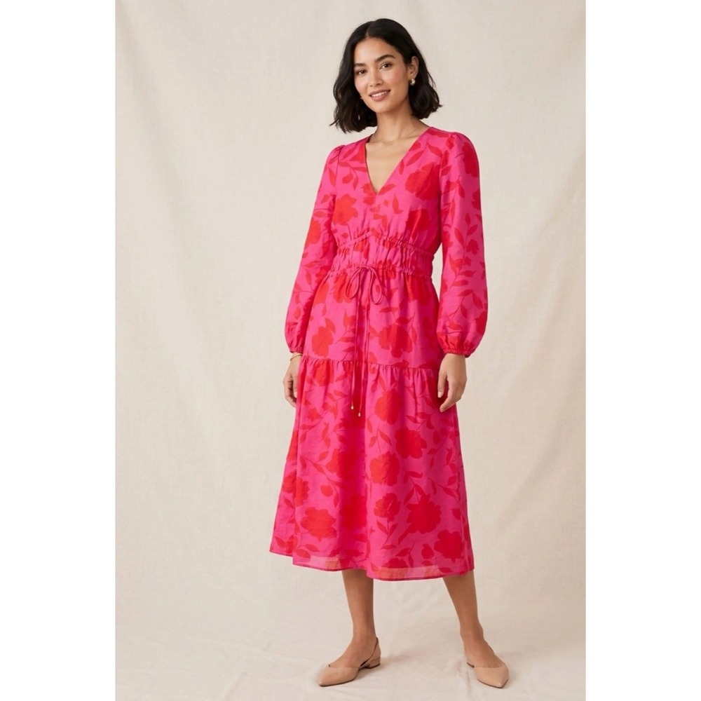 NWT Kate Spade New York x Target Rose Linen Dress S Pink Red Tiered Puff Sleeve